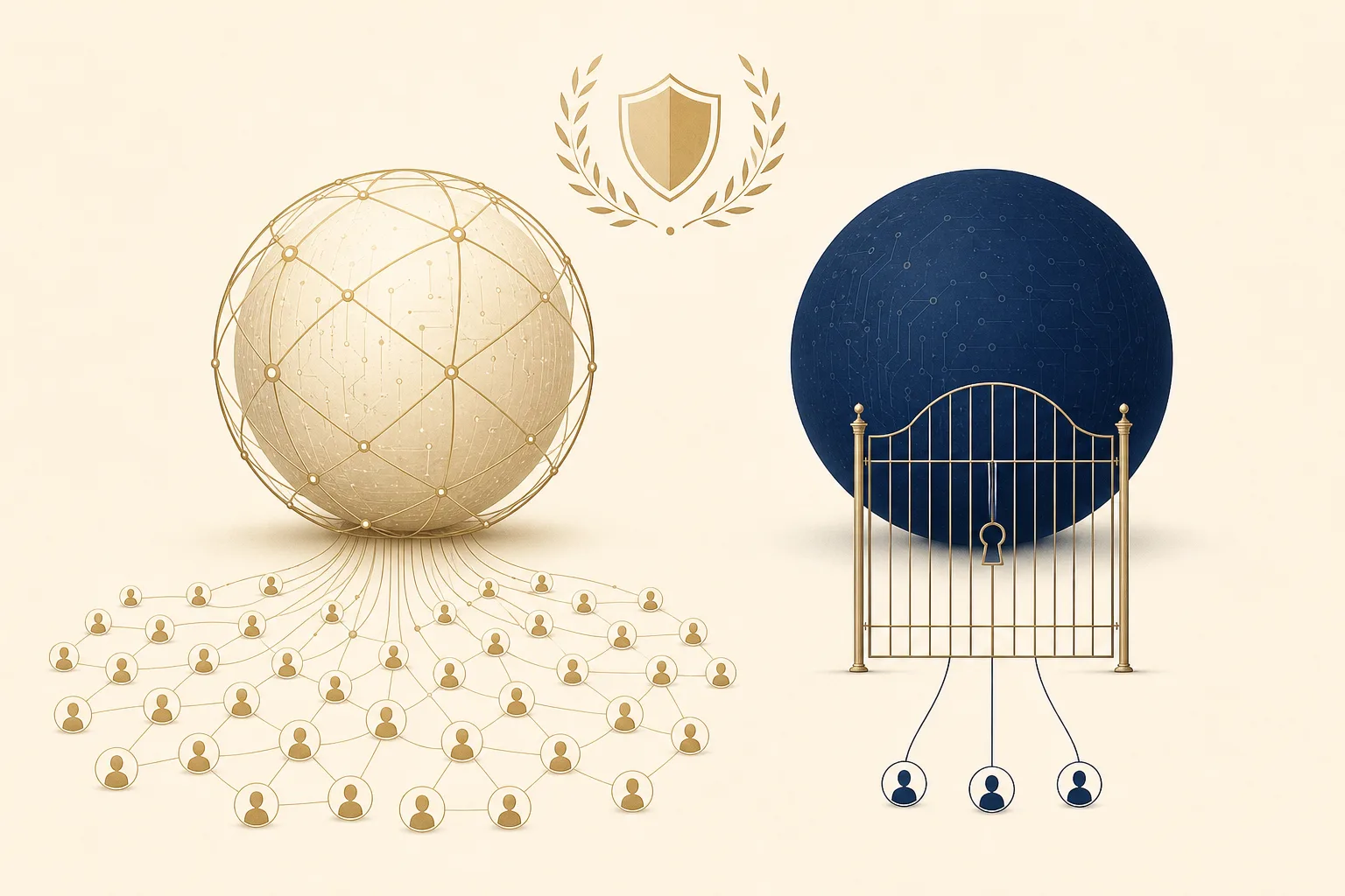 Editorial illustration: two twin spheres — one ivory-gold wrapped in a protective lattice, openly connected to a wide network of users; one dark navy behind a tall gate reaching only three nodes — symbolizing Fable 5 (safeguarded, general access) and Mythos 5 (unrestricted, gated).