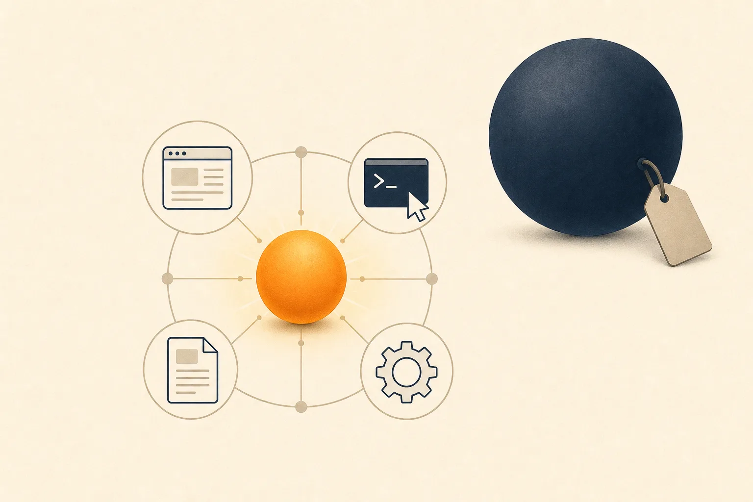Editorial illustration: a compact glowing amber sphere drives a ring of tools — browser, terminal, document, gear — while a much larger, dimmer sphere with a price tag sits idle, symbolizing a mid-tier model doing flagship-priced work.