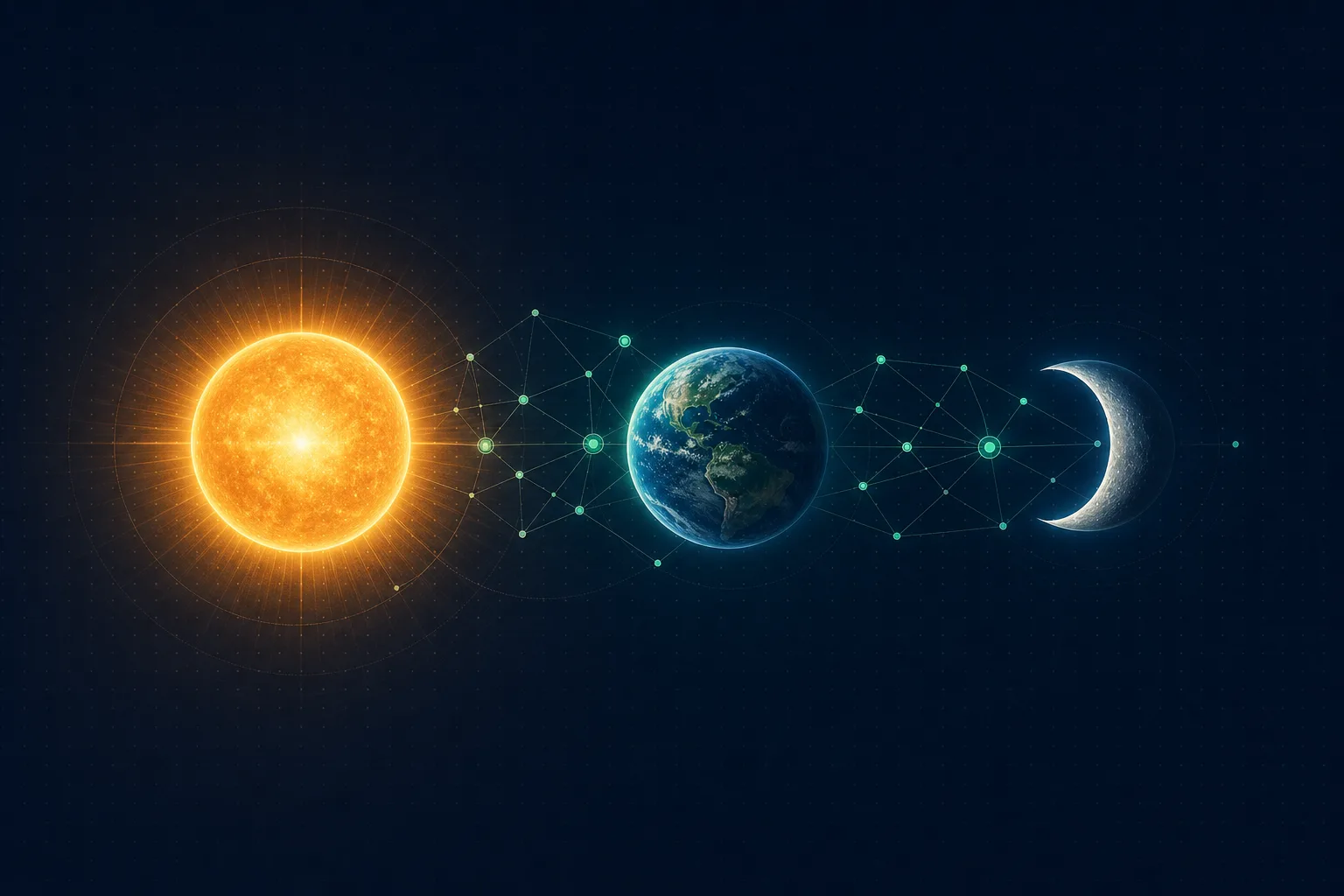 Editorial illustration: a glowing sun, an earth globe and a crescent moon connected left-to-right by a thin node-graph network, representing the tiered GPT-5.6 family — Sol, Terra and Luna.
