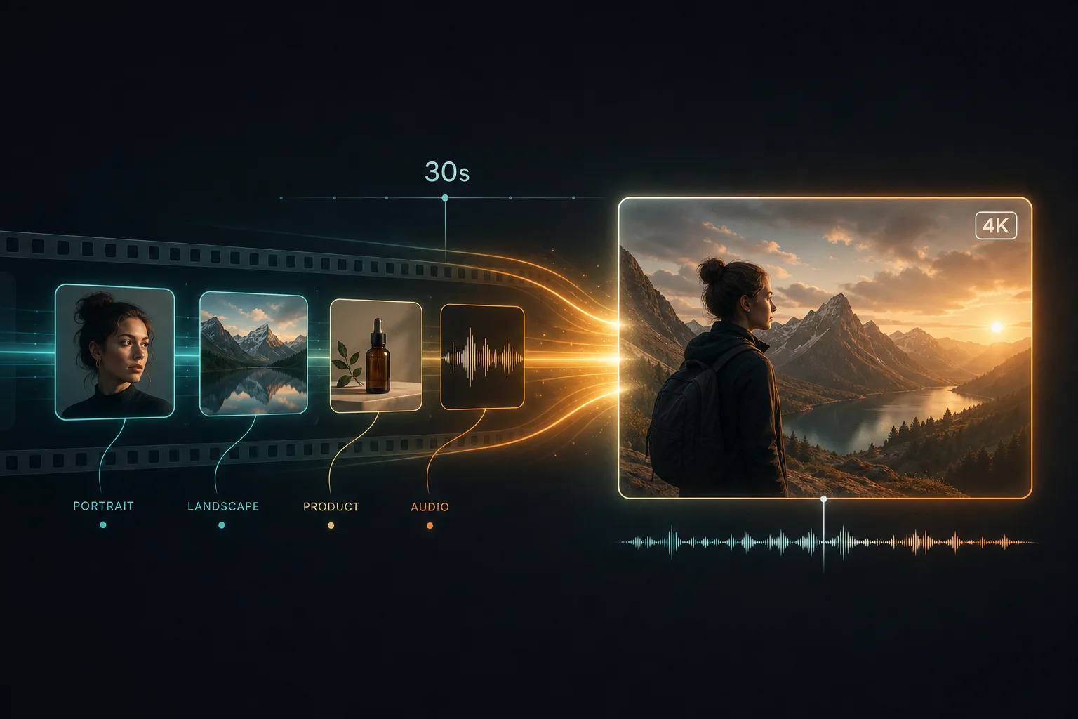 Editorial illustration: multiple reference thumbnails (portrait, landscape, product, audio) merging along a 30-second timeline into a single 4K video frame with a synced soundwave.